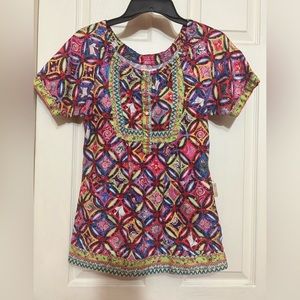Koi by Kathy Peterson Scrub Top Buttons Mixed Print Multicolor Pockets XS